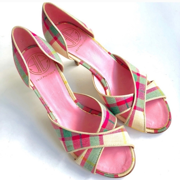Lilly Pulitzer Cross Your Fingers Heel in Cocktail Pink Palm Beach Prep Plaid 6 - Picture 11 of 13